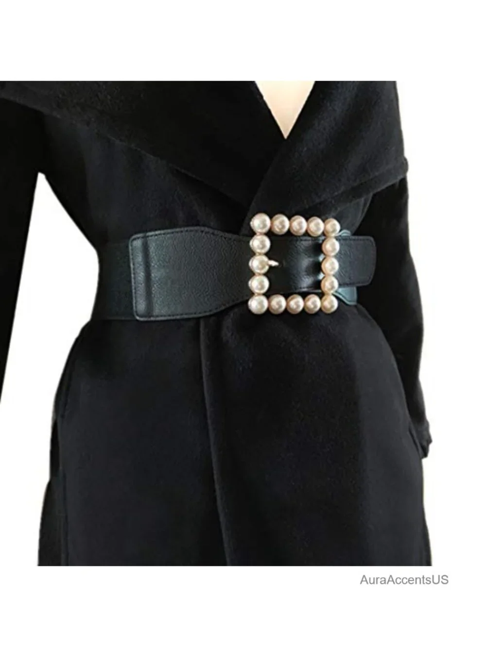 Wide Elastic Stretch Rhinestone Square Buckle Belt for Women Dresses Party